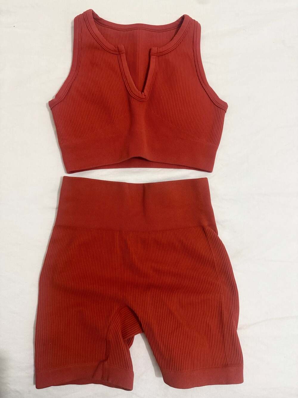 Ribbed Seamless Two-Piece Workout Set w High-Waisted Shorts and V-Neck Crop Tank